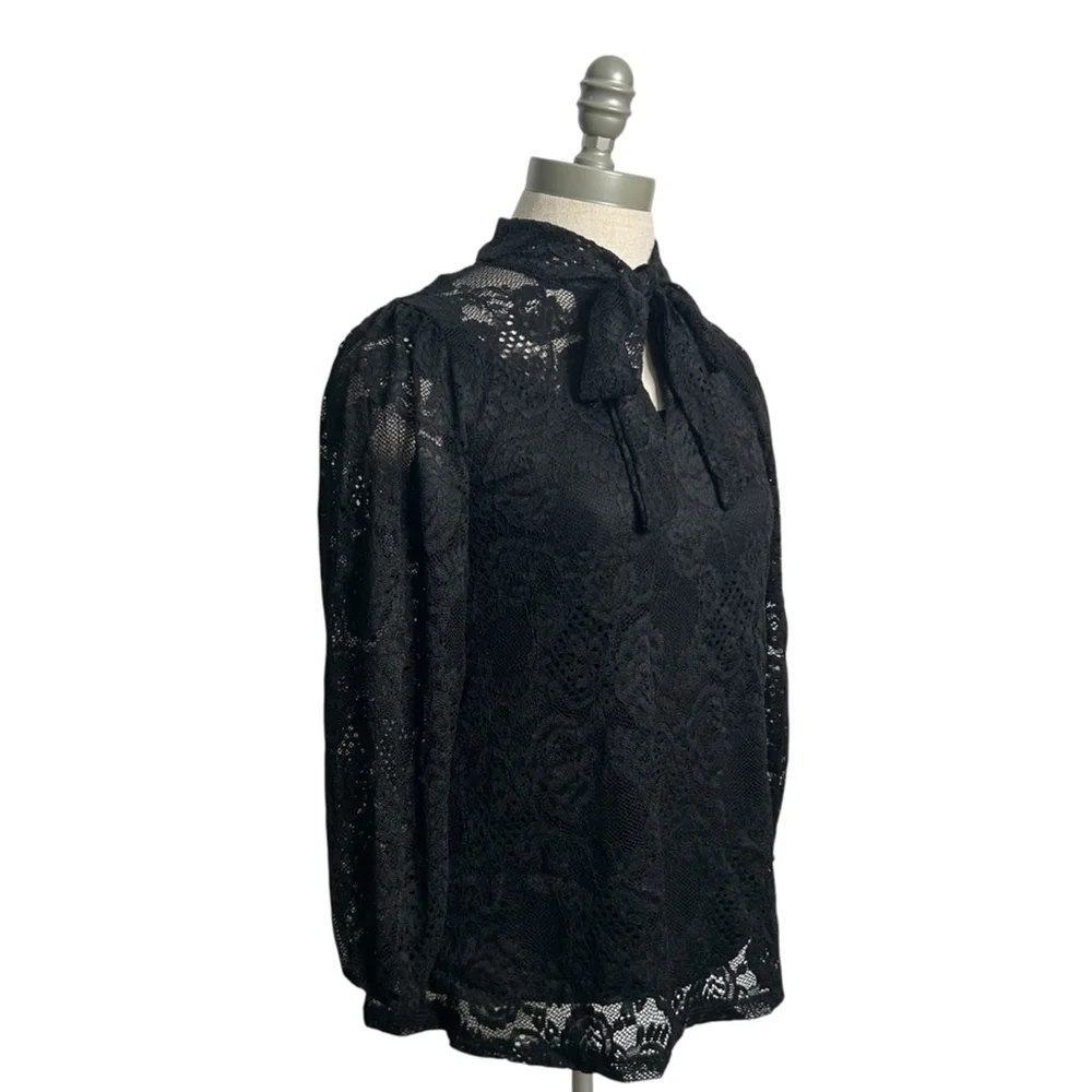 Cable & Gauge Black Lace Tie Neck Long Sleeve Blouse Women’s Size Small - Picture 6 of 11
